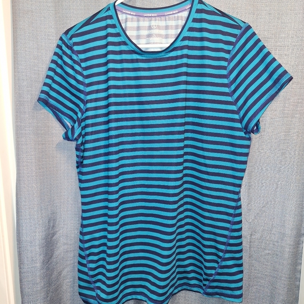 Lands End Teal Navy Stripe Top